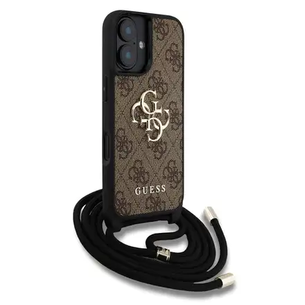 Guess PU 4G Metal Logo Crossbody Popruh kryt iPhone 16 hnědý