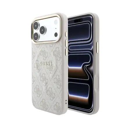 Guess PU Leather 4G Gold Frame Embossed MagSafe kryt iPhone 18 Pro růžový