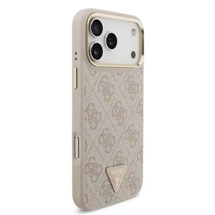 Guess PU Leather 4G Strass Triangle Logo Gold Frame MagSafe kryt iPhone 18 Pro Max růžový