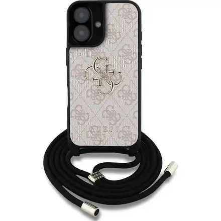 Guess PU 4G Metal Logo Crossbody Popruh kryt iPhone 16 růžový