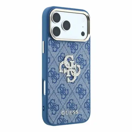 Guess PU 4G Strass Metal Logo kryt iPhone 18 Pro modrý