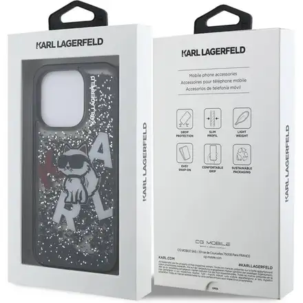 Karl Lagerfeld Liquid Glitter Scattered Choupette kryt iPhone 16 Pro Max černý
