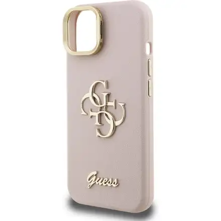 Guess PU Grained 4G Logo Stand Camera Frame kryt iPhone 15 růžový