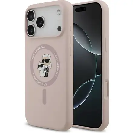Karl Lagerfeld Liquid Silicone Karl and Choupette MagSafe kryt iPhone 17 Pro Max růžový