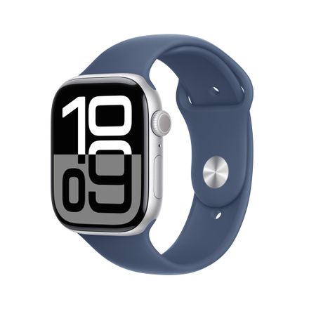 Apple Watch Series 10 GPS + Cellular 46mm Stříbrný hliník s denimovým sportovním řemínkem - M/L