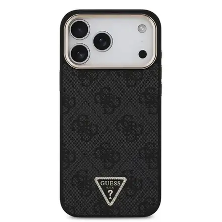 Guess PU Leather 4G Strass Triangle Logo Gold Frame MagSafe kryt iPhone 18 Pro černý