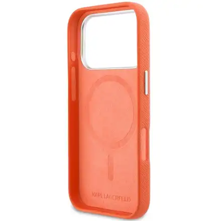 Karl Lagerfeld PU Karl and Choupette Heads Pins MagSafe kryt iPhone 17 Pro oranžový