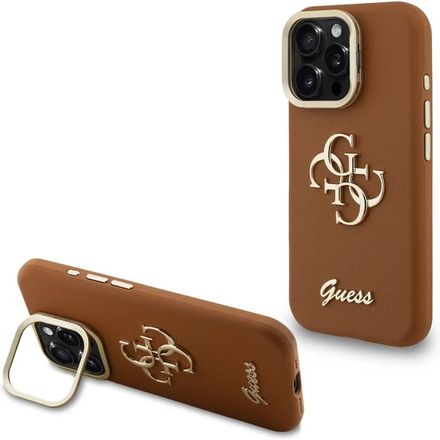 Guess PU Grained 4G Logo Stand Camera Frame kryt iPhone 16 Pro hnědý