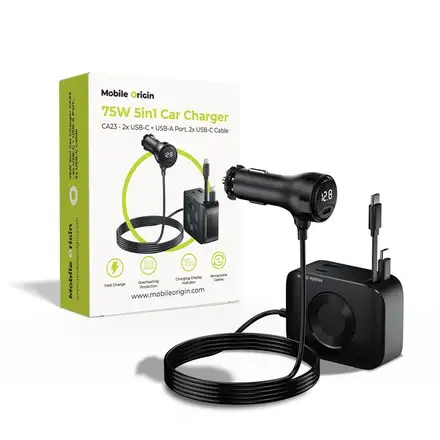 Mobile Origin 75W 5in1 Car Charger CA23 2x USB-C/USB-A Port/2x USB-C cable