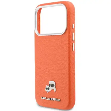 Karl Lagerfeld PU Karl and Choupette Heads Pins MagSafe kryt iPhone 17 Pro oranžový