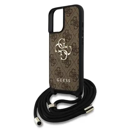 Guess PU 4G Metal Logo Crossbody Popruh kryt iPhone 16 hnědý