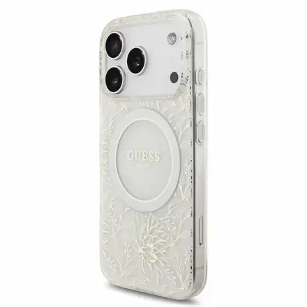 Guess IML Flowers Allover Strap MagSafe kryt iPhone 18 Pro bílý