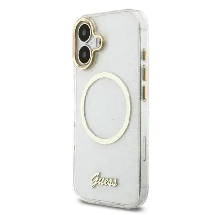 Guess IML Glitter Script Strap MagSafe kryt iPhone 17 bílý