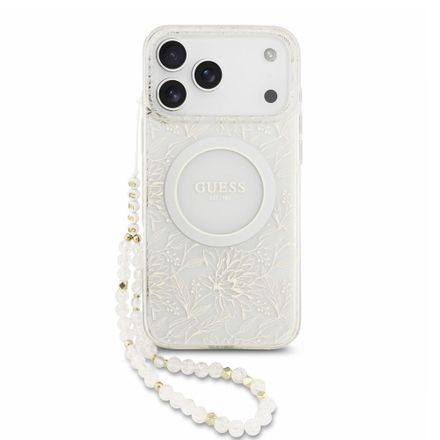 Guess IML Flowers Allover Strap MagSafe kryt iPhone 18 Pro Max bílý