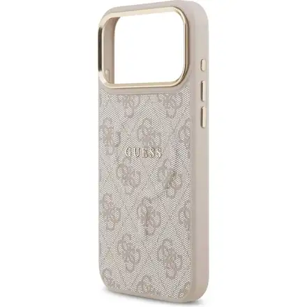 Guess PU Leather 4G Strass Triangle Logo Gold Frame MagSafe kryt iPhone 17 Pro Max růžový