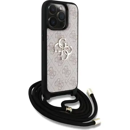 Guess PU 4G Metal Logo Crossbody Popruh kryt iPhone 15 Pro růžový