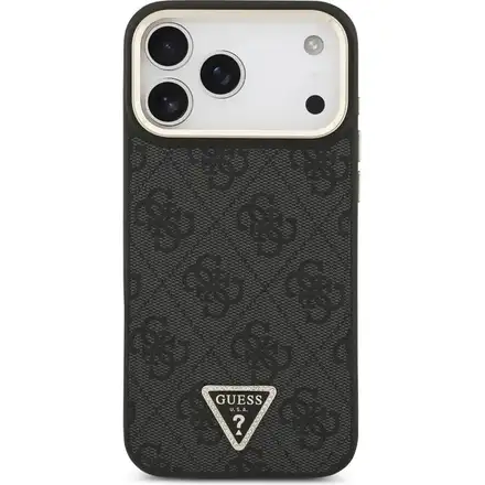Guess PU Leather 4G Strass Triangle Logo Gold Frame MagSafe kryt iPhone Pro Max 17 černý