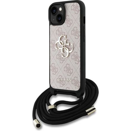 Guess PU 4G Metal Logo Crossbody Popruh kryt iPhone 15 růžový