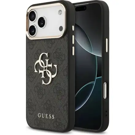 Guess PU Leather 4G Metal Logo Gold Frame kryt iPhone 17 Pro Max černý