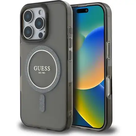 Guess IML Glitter Ring MagSafe kryt iPhone 16 Pro Max černý