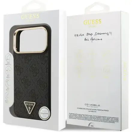 Guess PU Leather 4G Strass Triangle Logo Gold Frame MagSafe kryt iPhone Pro Max 17 černý