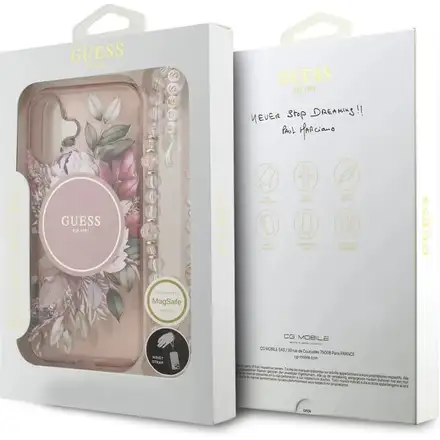 Guess IML Flowers Strap MagSafe kryt iPhone 17 růžový