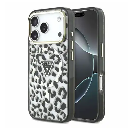 Guess IML Glitter Leopard Triangle Logo MagSafe kryt iPhone 18 Pro Max černý