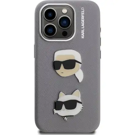 Karl Lagerfeld Grained PU K&CH Heads kryt iPhone 15 Pro šedý