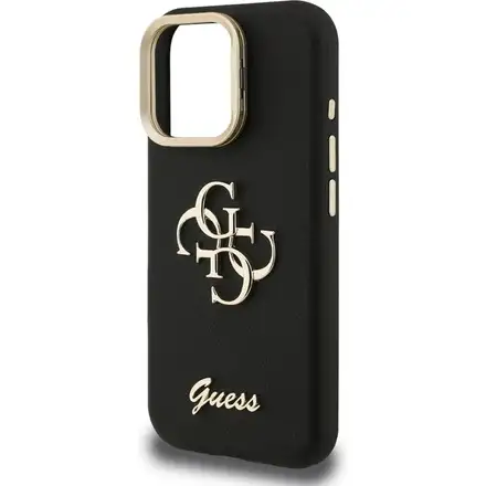 Guess PU Grained 4G Logo Stand Camera Frame kryt iPhone 15 Pro černý