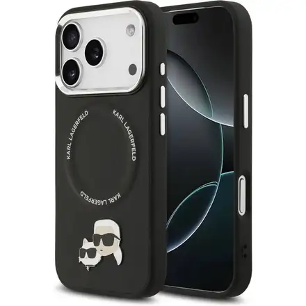 Karl Lagerfeld PU Karl and Choupette Heads Pins MagSafe kryt iPhone 17 Pro černý