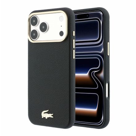 Lacoste PU Leather Champs Elysees Gold Logo MagSafe kryt iPhone 18 Pro černý