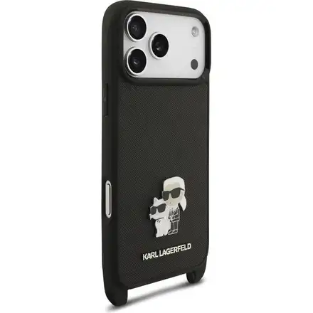 Karl Lagerfeld Saffiano Crossbody Popruh Metal Karl and Choupette kryt iPhone 17 Pro černý