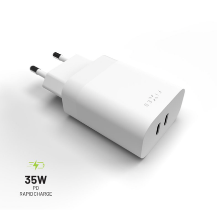 FIXED Síťová nabíječka s 2x USB-C výstupem a podporou PD, 35W, bílá