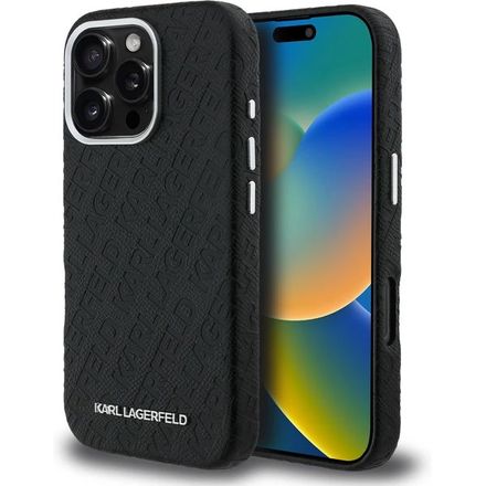 Karl Lagerfeld Grained PU Repeated Logo MagSafe kryt iPhone 16 Pro černý