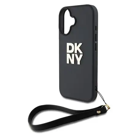 DKNY PU Leather Stack Logo Wrist Strap kryt iPhone 16 černý