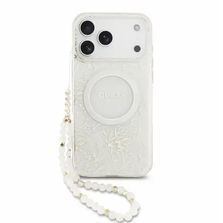 Guess IML Flowers Allover Strap MagSafe kryt iPhone 18 Pro Max bílý