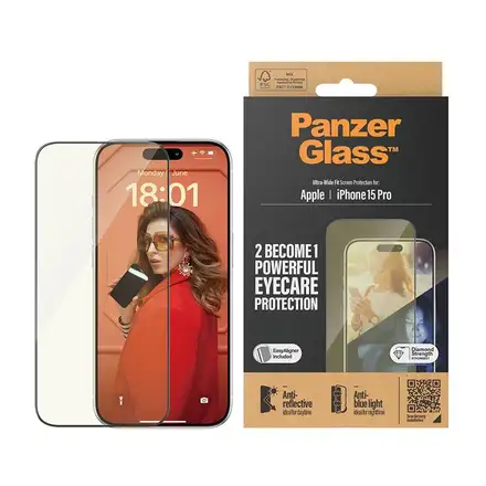 PanzerGlass ochranné sklo UWF EyeCare pro iPhone 15 Pro-Black Frame