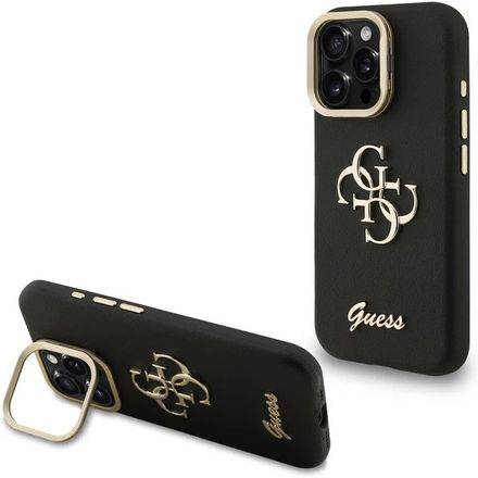 Guess PU Grained 4G Logo Stand Camera Frame kryt iPhone 15 Pro černý