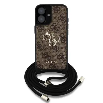 Guess PU 4G Metal Logo Crossbody Popruh kryt iPhone 16 hnědý