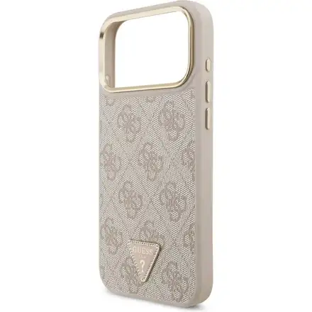 Guess PU Leather 4G Strass Triangle Logo Gold Frame MagSafe kryt iPhone 17 Pro Max růžový