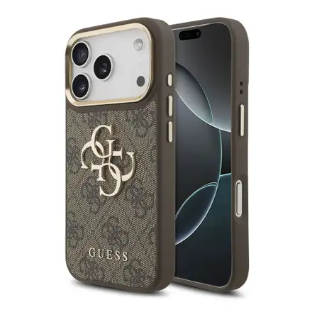 Guess PU Leather 4G Metal Logo Gold Frame kryt iPhone 18 Pro hnědý