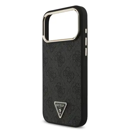 Guess PU Leather 4G Strass Triangle Logo Gold Frame MagSafe kryt iPhone 18 Pro černý