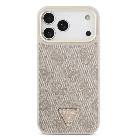 Guess PU Leather 4G Strass Triangle Logo Gold Frame MagSafe kryt iPhone 18 Pro Max růžový