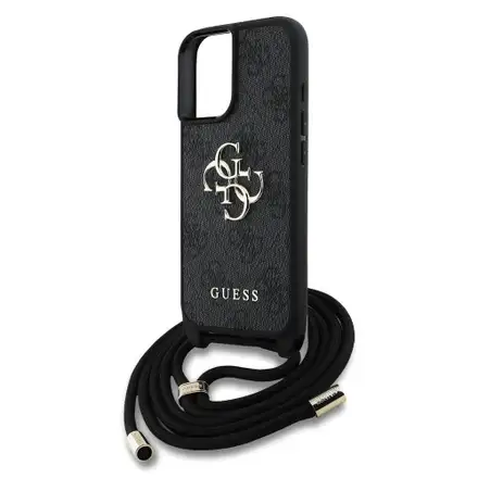 Guess PU 4G Metal Logo Strap kryt iPhone 16 černý