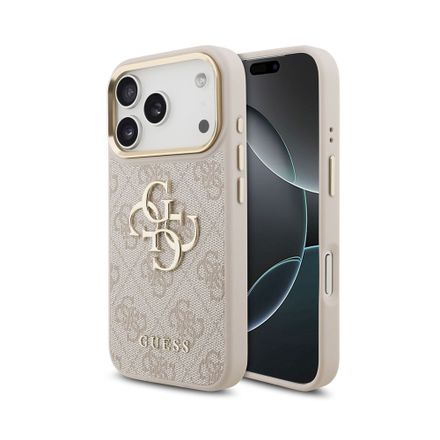 Guess PU Leather 4G Metal Logo Gold Frame kryt iPhone 18 Pro růžový
