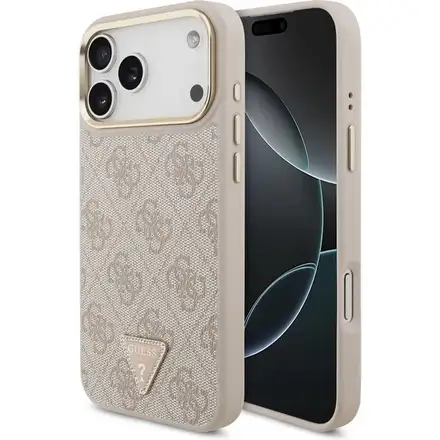 Guess PU Leather 4G Strass Triangle Logo Gold Frame MagSafe kryt iPhone 17 Pro růžový