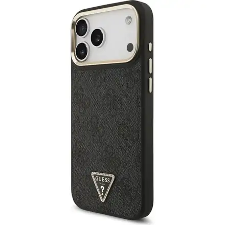Guess PU Leather 4G Strass Triangle Logo Gold Frame MagSafe kryt iPhone Pro Max 17 černý