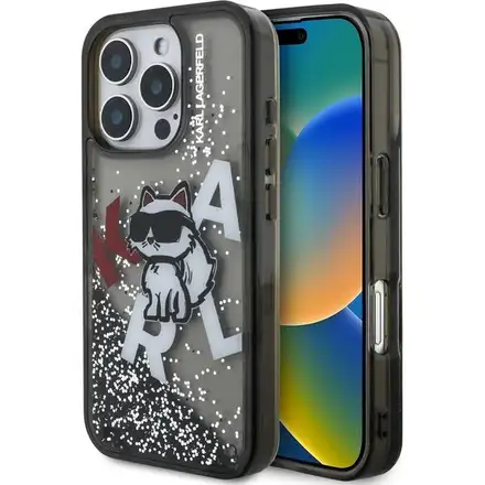 Karl Lagerfeld Liquid Glitter Scattered Choupette kryt iPhone 16 Pro černý