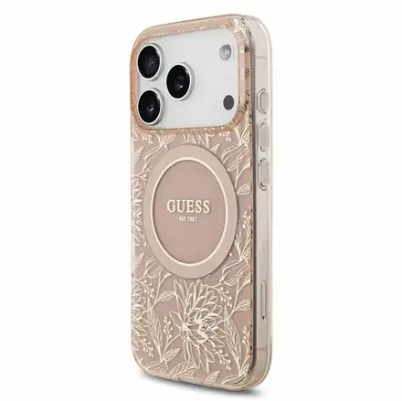 Guess IML Flowers Allover Strap MagSafe kryt iPhone 18 Pro růžový