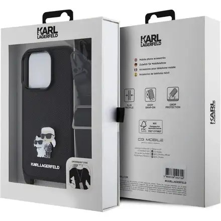 Karl Lagerfeld Saffiano Crossbody Popruh Metal Karl and Choupette kryt iPhone 15 Pro černý